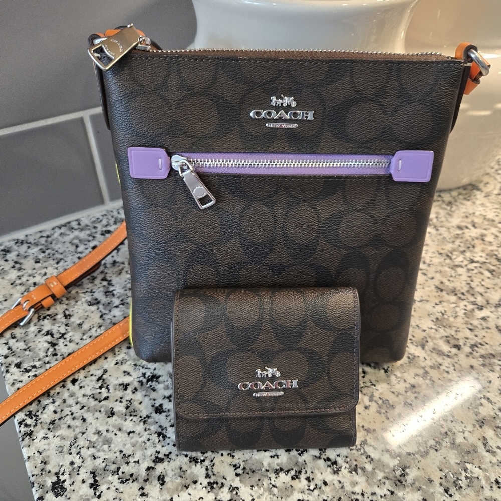 Coach Dark Brown and Orange, Purple Crossbody Bag with Wallet